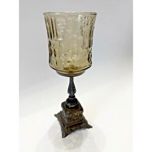 Smoke Tree Bark Brass & Glass Candle Holder Chalice 8 inch Tall 2 5/8 Rim to Rim
